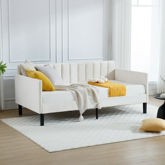 Miniyam Twin Size Beige Upholstered Daybed for Bedroom Living Room,Twin Daybed Frame with Wood Slat Support,No Spring Box Need