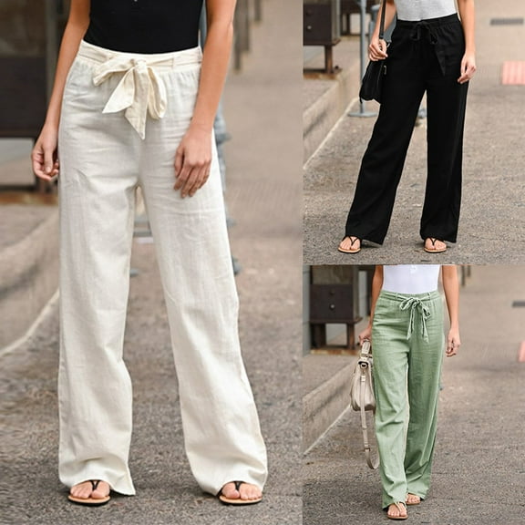 Jacenvly wide leg pants for women Long High Waisted Tie Pocket Plain Women's Pants Fashion Womens Solid Bandage Loose Casual Wide Leg Leggings Bottom Pants