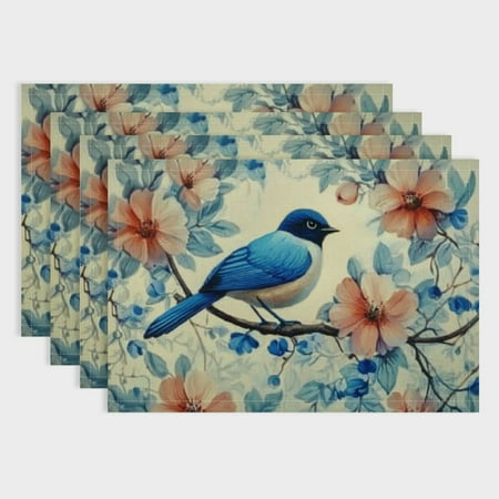 

Orinice Blue Birds Flowers Linen Placemats Non-Slip Heat Resistant Place Mats for Dining Table Kitchen Home Holiday Decor 18x12in