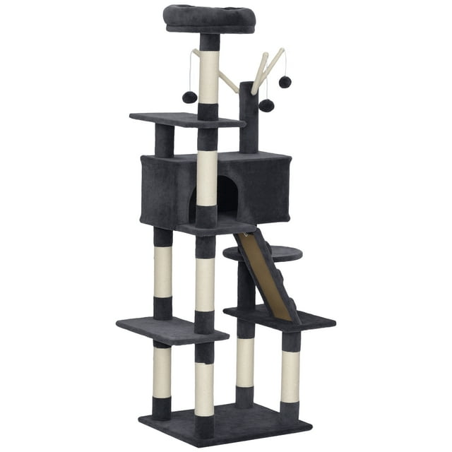 CoSoTower 59 Inch Large Cat Tree with Sisal Scratching Posts, Cozy Condo, Top Perch, Ladder and Interactive Balls, Dark Grey