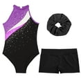 thumbnail image 4 of Sinleey Kids Girls Sleeveless Gymnastics Leotard Ballet Dance Athletic Unitard with Shorts Hair Band Purple&Black 12, 4 of 6