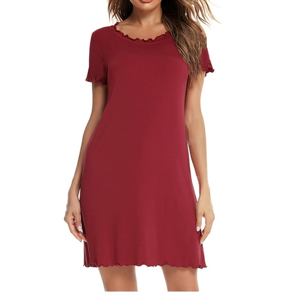 QUYUON Womens Nightgowns Summer Round Neck Short Sleeve Nightshirts Solid Color Sleepwear Dress Ruffle Soft Sleep Shirts Club Party Mini Short Dress Loungewear Style D-5866 Wine XXL