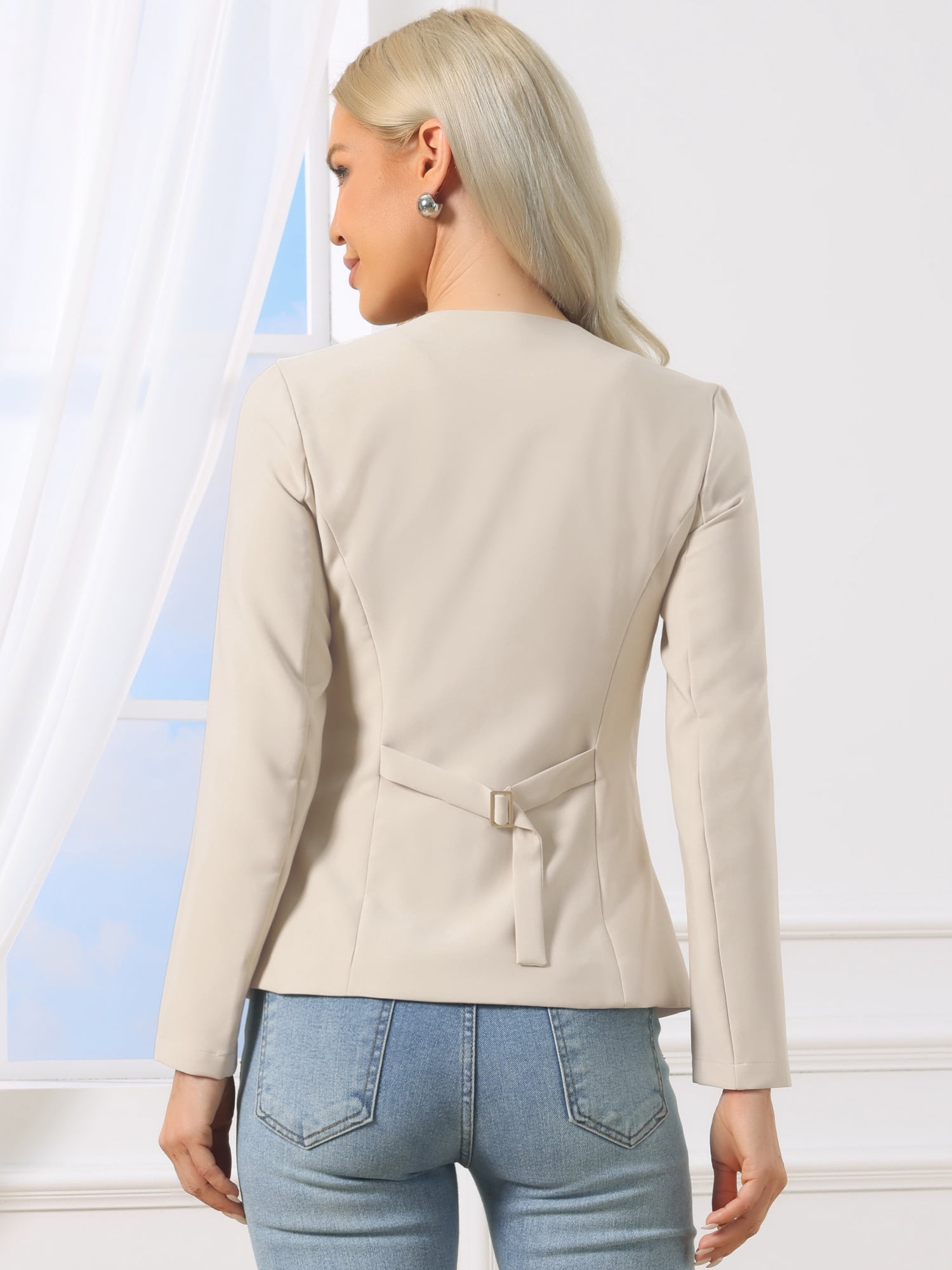 DARING DIVA Women's Casual Collarless Button Down Scoop Neck Fitted Blazer S Apricot