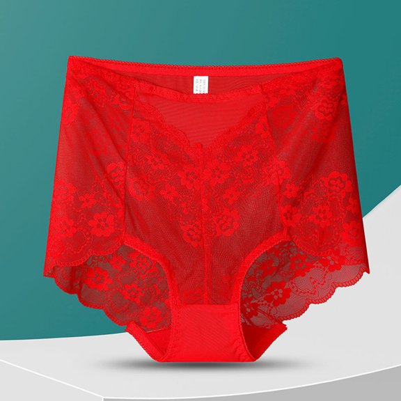 Seamless High Waisted Thong Panty With Lace For Women Underwear See Through, XL, Red