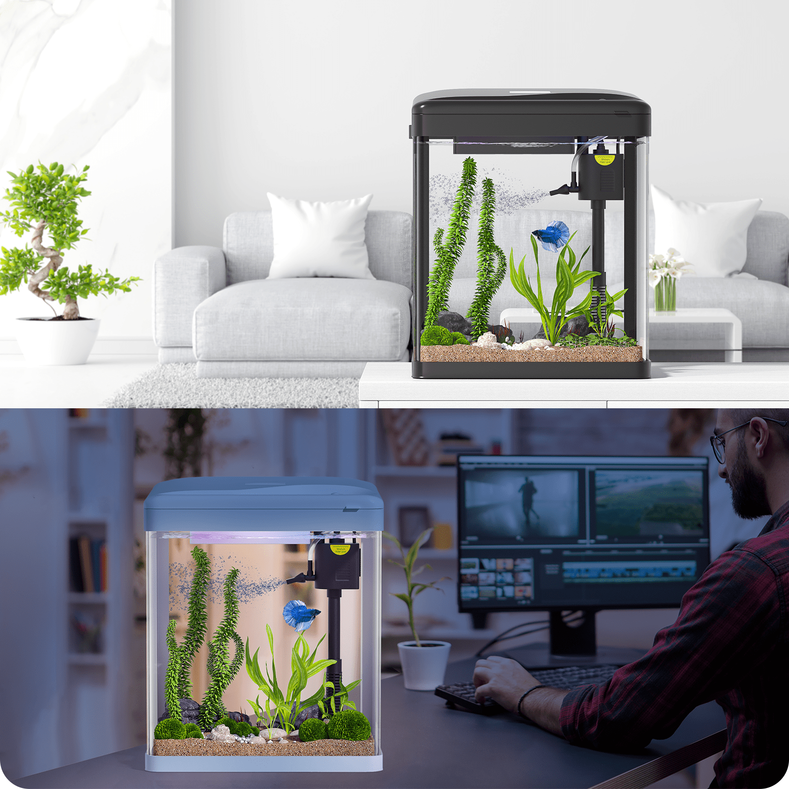 PONDON Fish Tank, 2 Gallon Glass Aquarium, 3 in 1 Fish Tank with Filter and Light, Desktop Small Fish Tank for Betta Fish, Shrimp, Goldfish (Black, 2 Gallon)