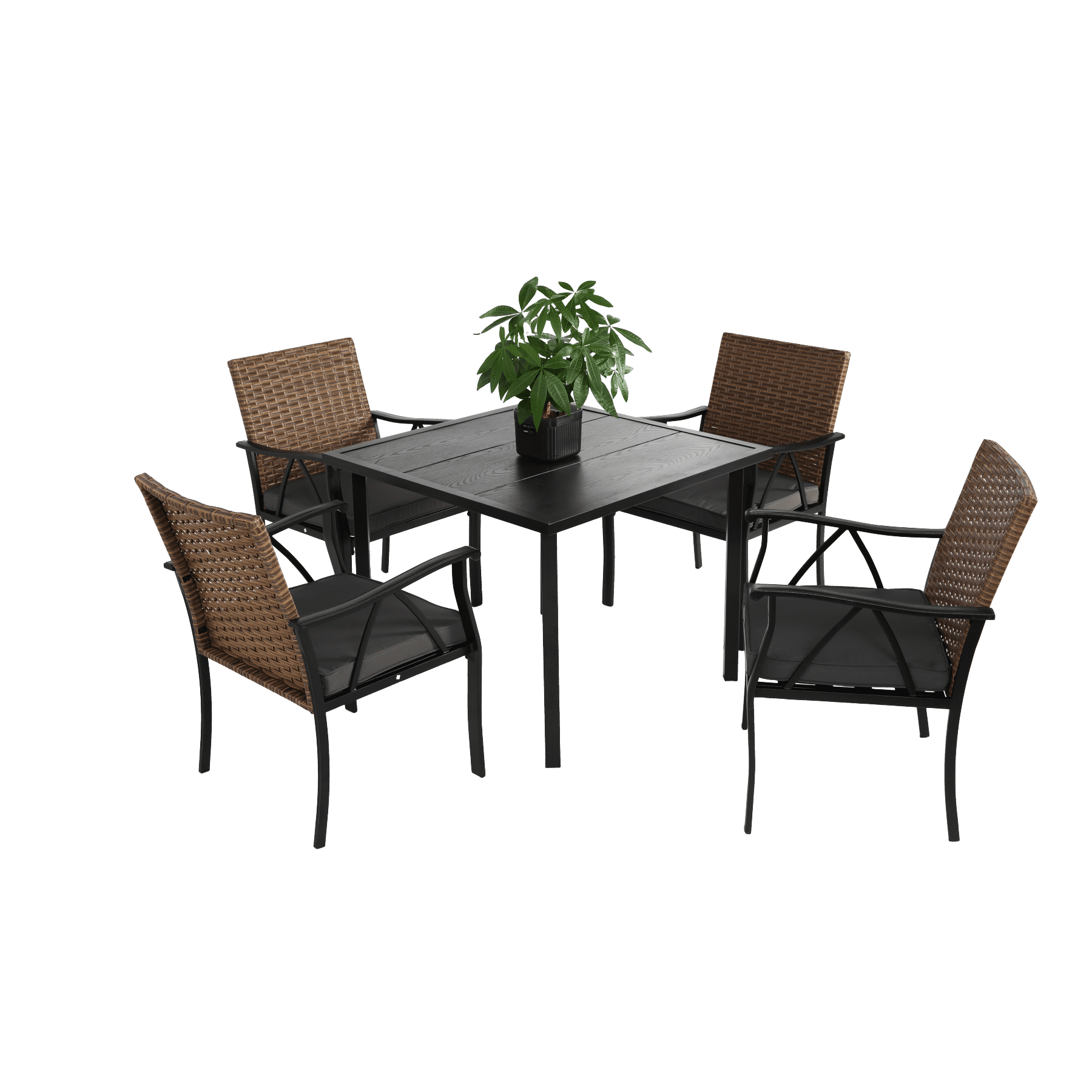 Leumius 5 Pieces Patio Dining Set, Outdoor Wicker Patio Table and Chairs Set of 4,Conversation Wicker Rattan Chairs Seating with Cushion and Square Table for Patio,Backyard,Balcony,Garden,Brown+Gray