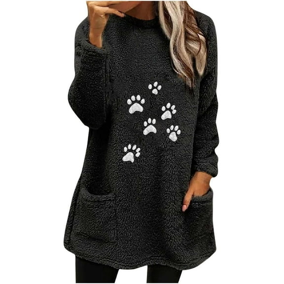 Lovskoo Fuzzy Fleece Pullover Tops for Women Winter Warm Christmas Printed Long Sleeve with Pocket Crewneck Solid Color Warm Top Black
