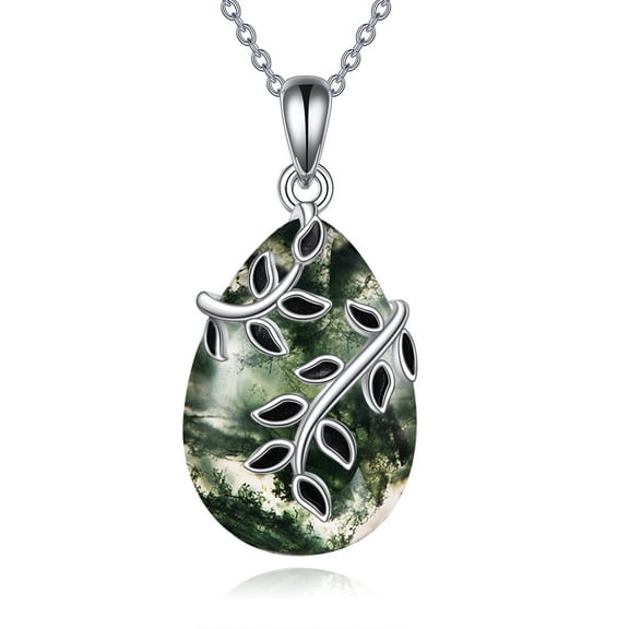 Moss Agate Leaf Teardrop Pendant Necklace for Women 925 Sterling Silver Green Gems Jewelry Birthday Gifts