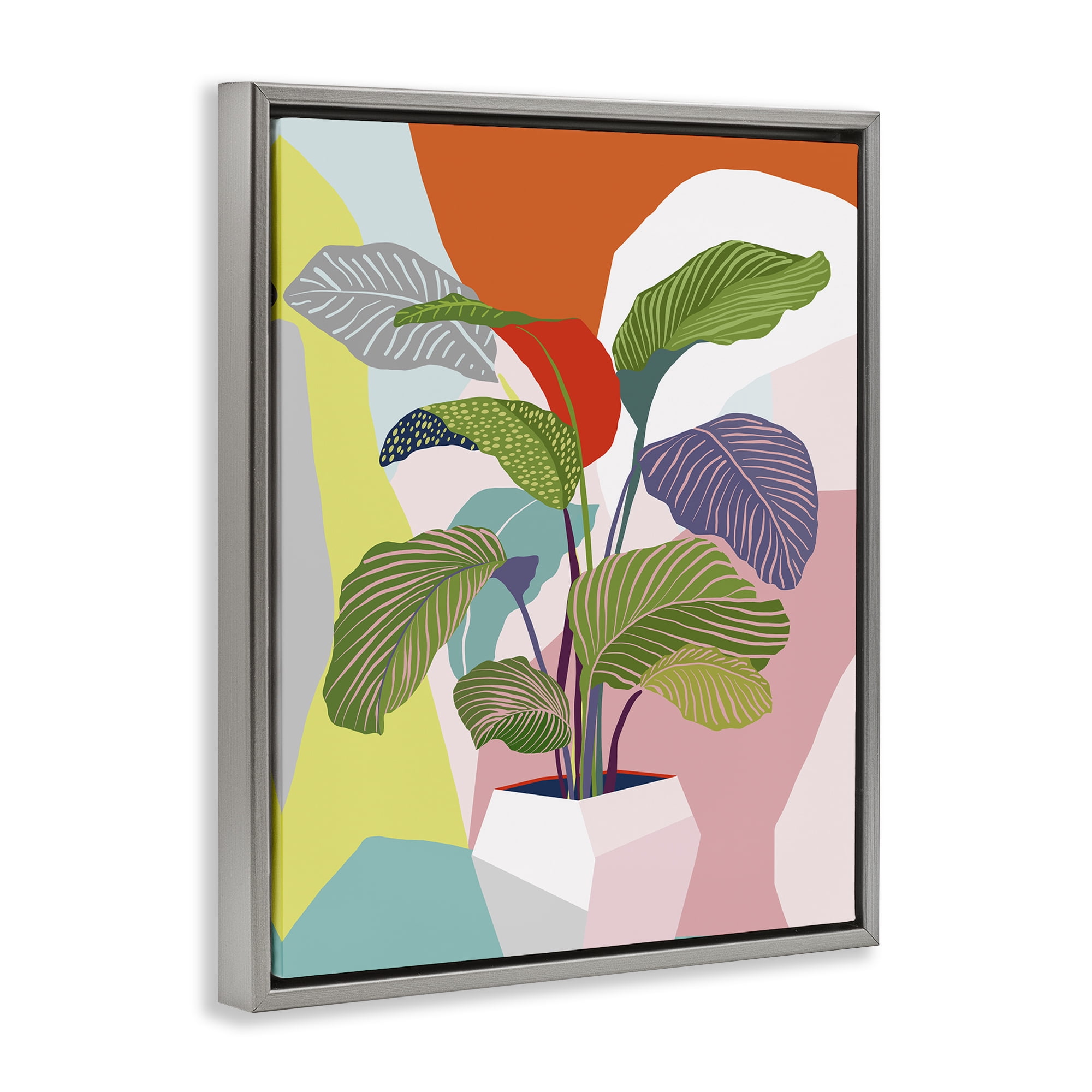 Stupell Industries Midcentury Bold Plant Plants & Flowers Painting Gray Floater Framed Canvas Art Print Wall Art, 17 x 21