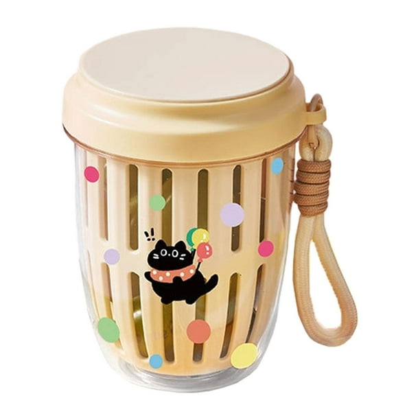 Vaso para ensalada de frutas con tapa y tenedor, multiusos, elegante, de doble capa, con colador extraíble, recipiente para alimentos para fiestas. Amarillo