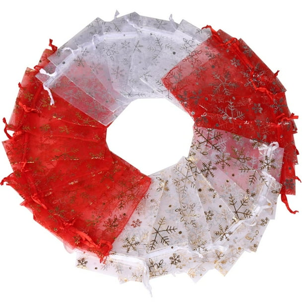 50/100 bolsas de regalo de organza blanca y roja con forma de copo de nieve, 7 x 9/9 x 12/10 x 15/13 x 18 cm, para bodas, fiestas de Navidad, dulces, joyas
