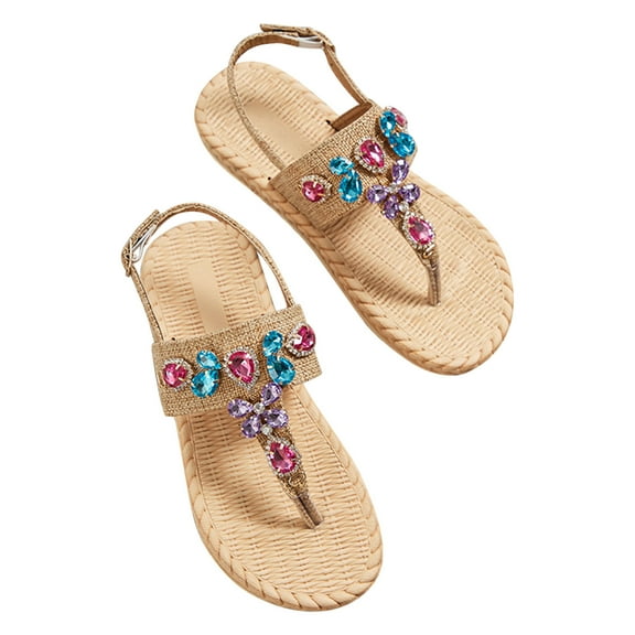 AnuYalue Rhinestone Womens T-Strap Sandals Arch Support Slingback Sandals Summer Beach Boho Shoes Ankle Strap Thong Elastic Flat Sandals