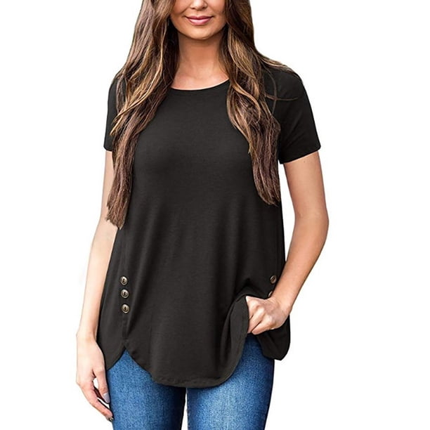 Pullover de Color Sólido de las Mujeres, Nuevo Botón de Manga Corta Cuello Redondo para el Uso Casual Y de Fiesta, Blusa Diaria Suave, Camiseta de Moda Callejera