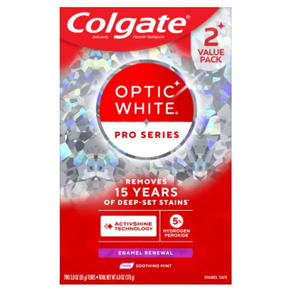Colgate Optic White Pro Series Enamel Renewal Toothpaste with Teeth Whitening, Mint, 2 Pack, 3.0 OZ