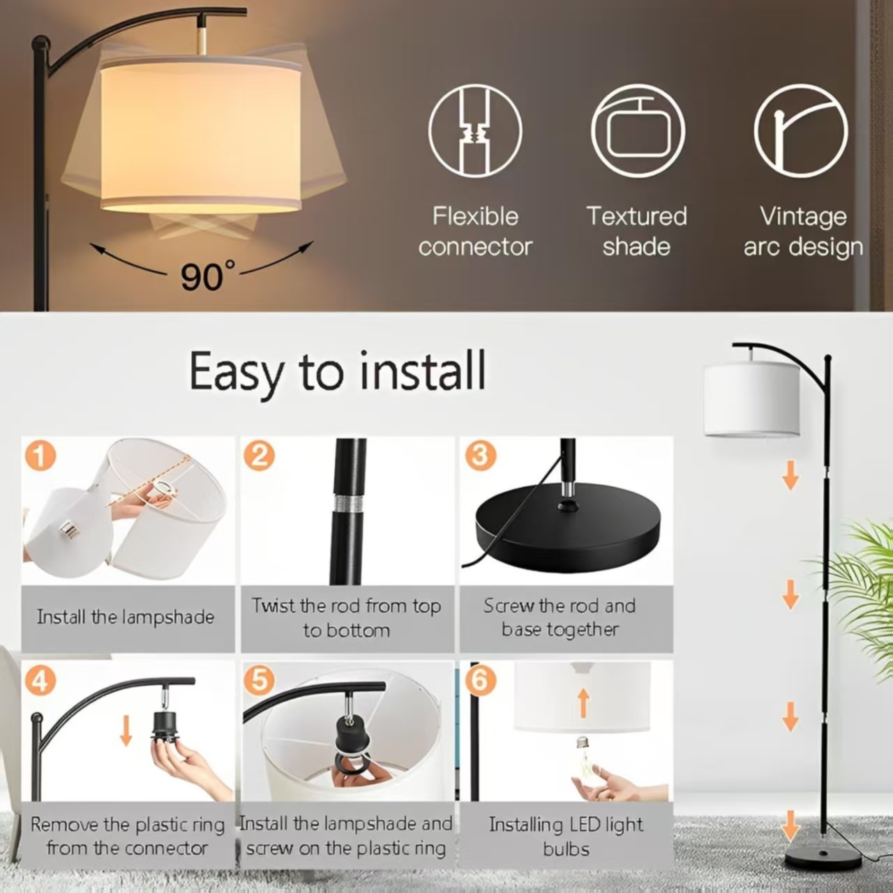 Floor Lamp for Living Room,LED Standing Lamp Tall Industrial Floor Lamp Reading for Bedroom, Office (9W, Beige Lampshade Included) -Black