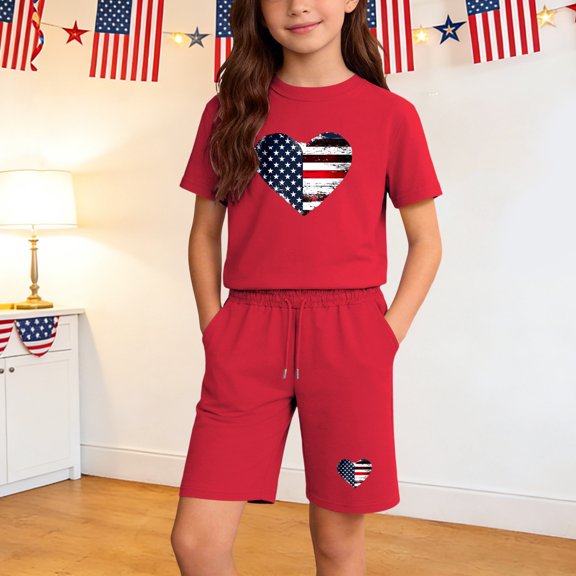 Amidoa Girls 2 Piece Outfits Summer Clothes Short Sleeve Cotton Floral Print T-Shirt and Shorts Casual Kids Clothing Sets Red Size 5T