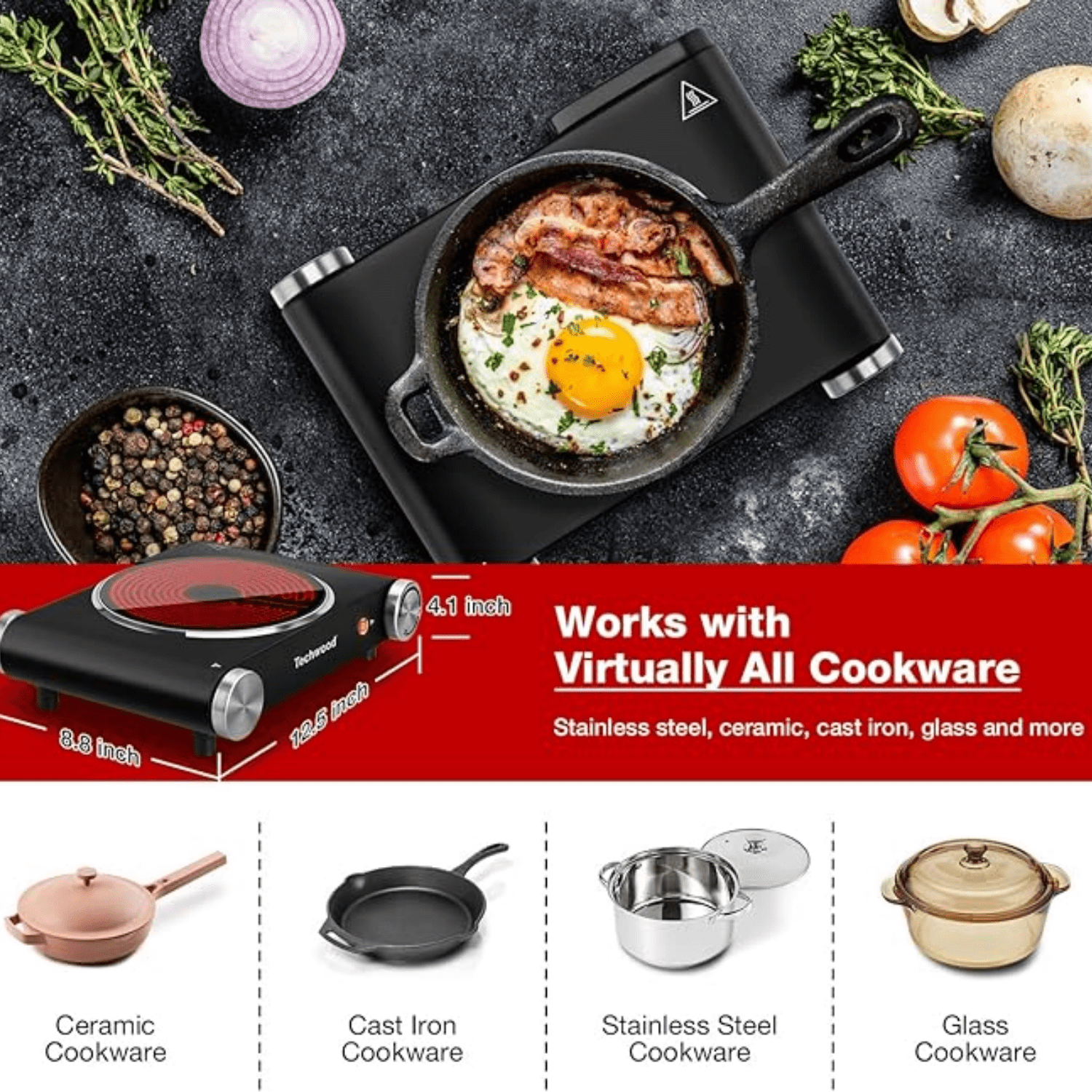 Hot Plate, Single Burner for Cooking, 1200W Portable Infrared Ceramic Electric Stove with Adjustable Temperature, 7.1” Cooktop for Home/RV/Camp, Compatible for All Cookwares, Black