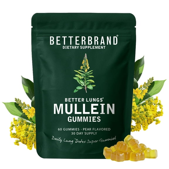 Betterbrand Mullein Chewable Gummies for Lung Cleanse and Detox,  Respiratory Health Supplement, 1000mg Mullein extract per serving, 60 Gummies - 30 Day Supply - Pear Flavored