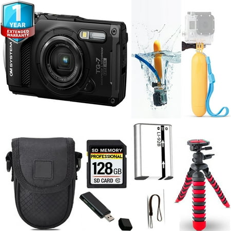 Olympus OM SYSTEM Tough TG-7 Digital Camera (Black) + Floating Hand Grip + Spider Tripod + 1 Yr Warranty - 64GB