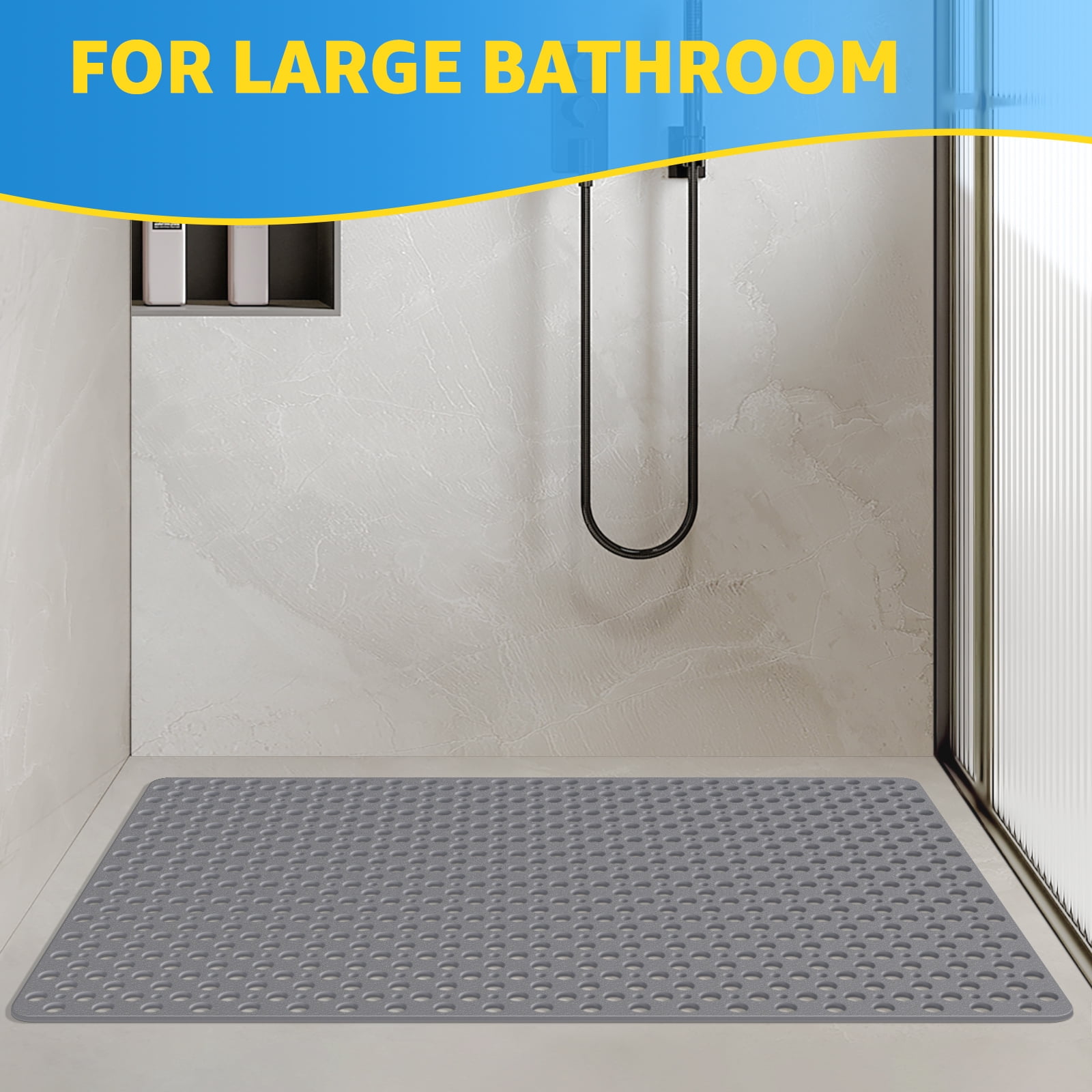OTHWAY Large Shower Mat, 35x24 TPE Anti Slip Shower Mat, Heavy Bath Mats for Shower with Drain Holes Suction Cups, Shower Stall Mat for Bathroom, No Odor Shower Grip Mat for Elderly Kids(Dark Grey)