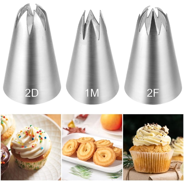 Large Piping Tips, 3Pcs DIY Cream Flower Piping Tips for Cake Decorating Stainless Steel Baking Tools for Cupcakes Cookies 1M 2D 2F Piping Tip Frosting Tips Set