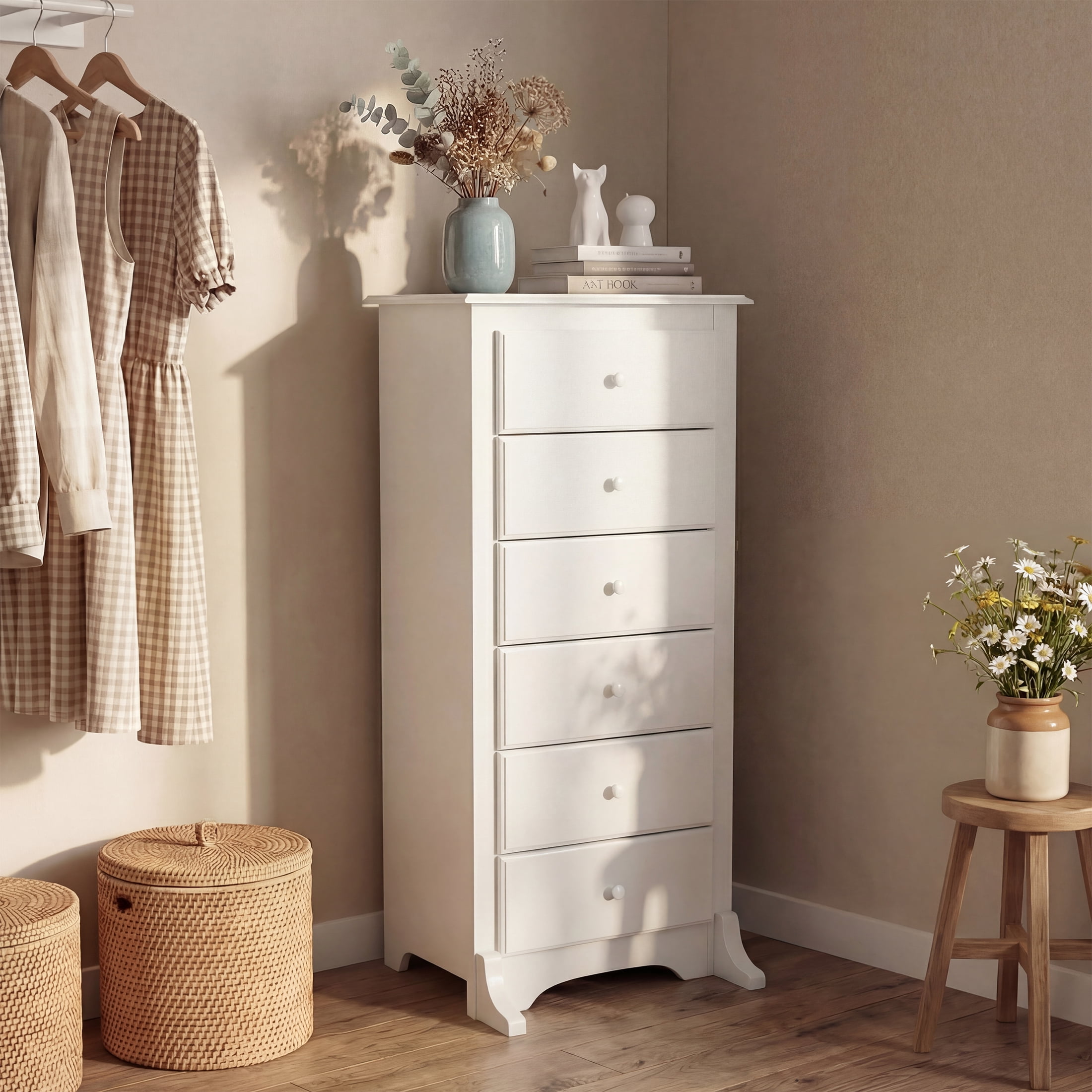 EDX 6 Drawer Wooden Dresser Chest for Bedroom, 19" x 23.25" x 52.75", Storage Cabinet for Living Room Closet, White