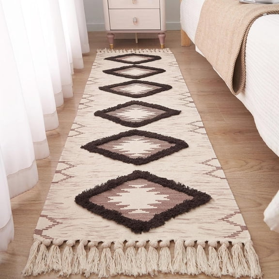 Boho Runner Rug 2' x 6' Washable Non Slip Cotton Area Rug with Tassels Brown