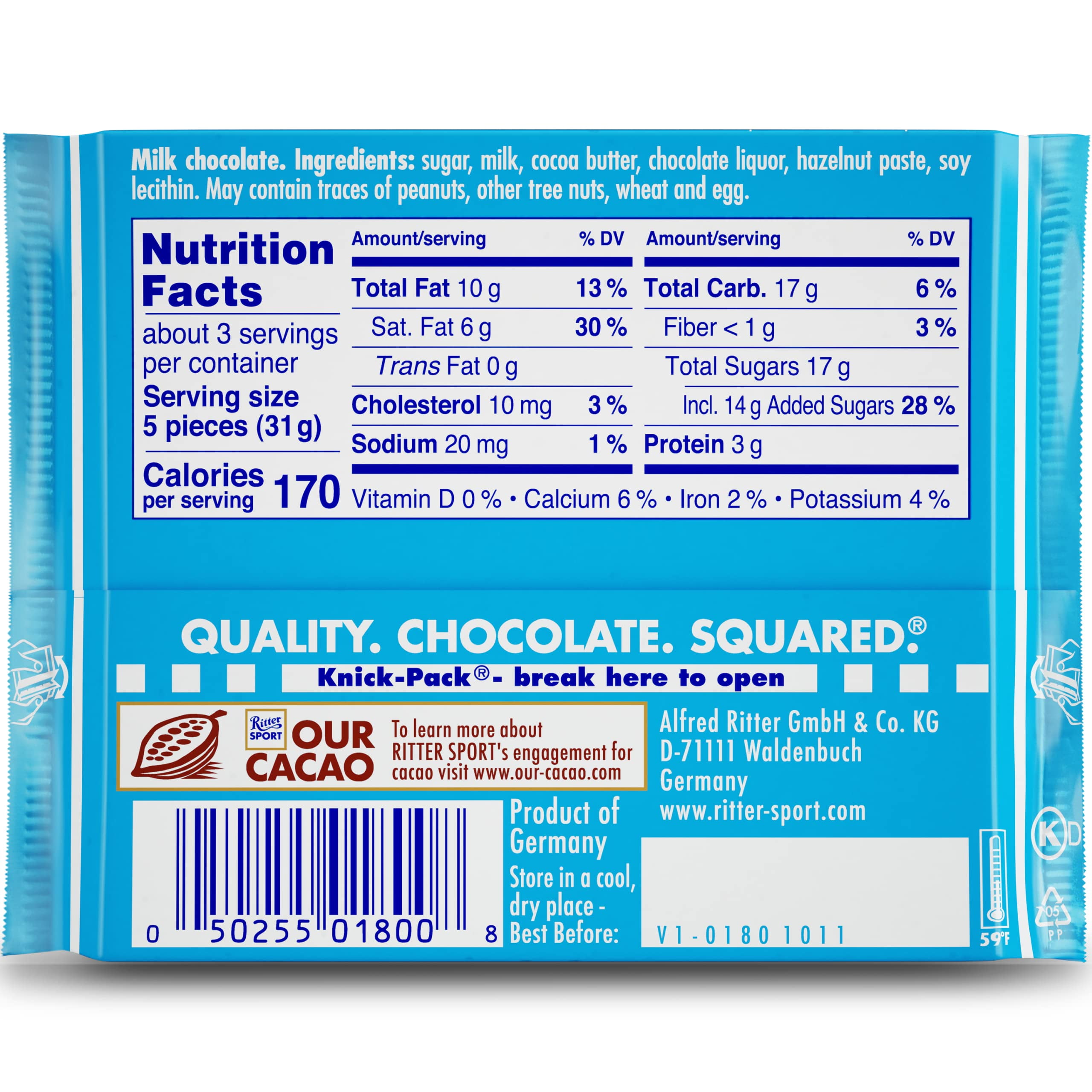 Ritter Sport, Alpine Milk Chocolate, 3.5-Ounce Bars (Pack of 12)