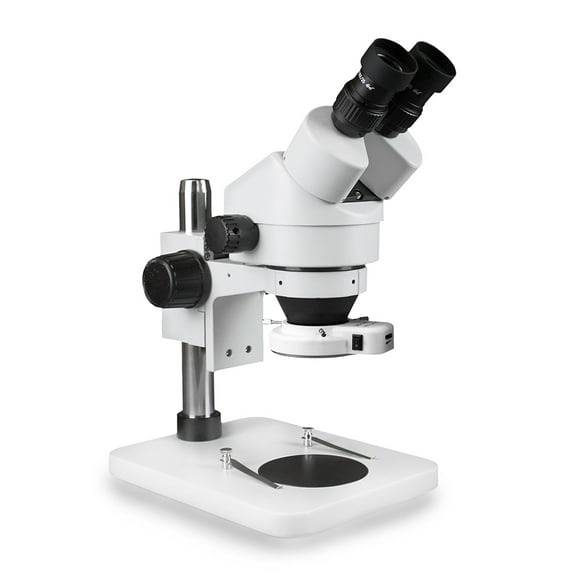 Vision Scientific Binocular Zoom Stereo Microscope, 10x Widefield Eyepiece, 0.7x-4.5x Zoom Range, 7x-45x Magnification Range, Pillar Stand, 144-LED Ring Light with Control