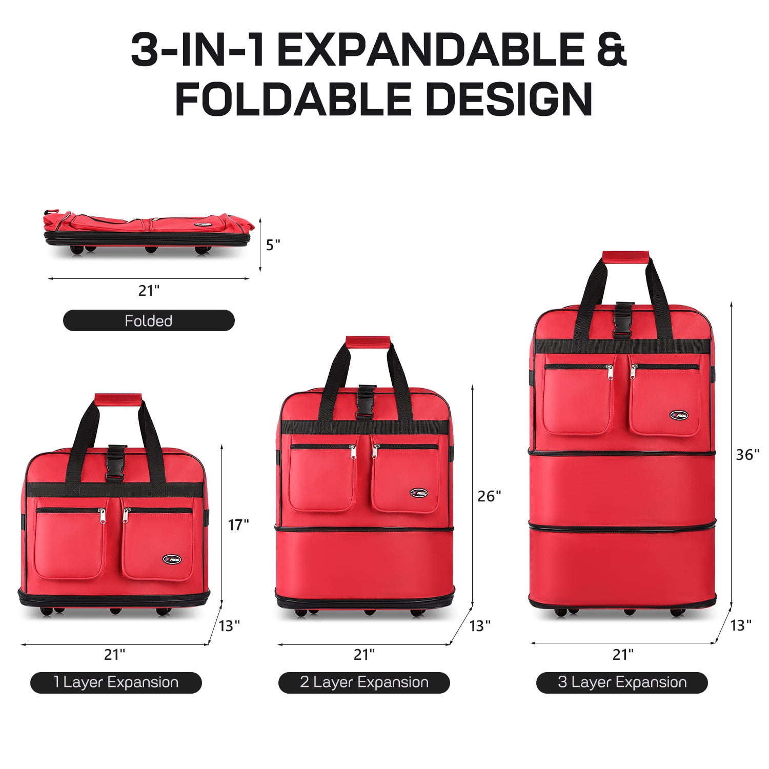 36" Expandable Foldable Luggage Bag Suitcase with 5 Swivel Wheels Collapsible Rolling Travel Bag for Home Storage Moving,Red - EX
