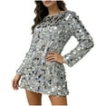 thumbnail image 2 of BLTIBY Women's Crew Neck Sequin Mini Dress Spring Long Sleeve Sparkly Glitter Night Out Dresses Cocktail Disco Out Silver L, 2 of 7