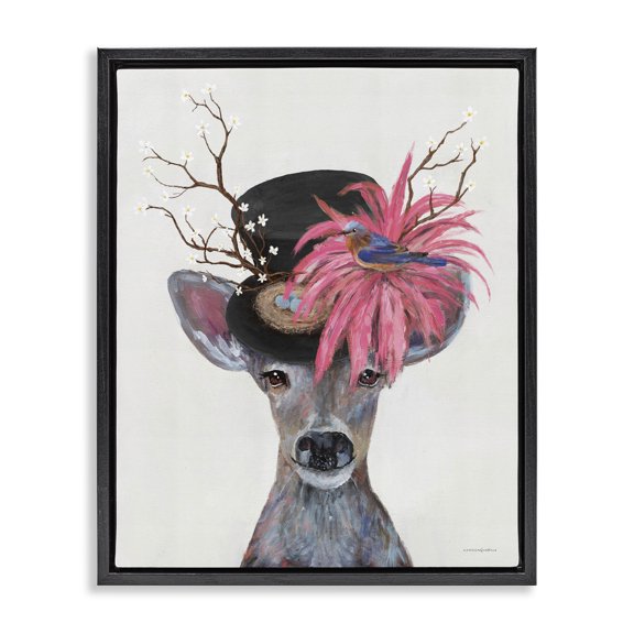 Stupell Industries Deer with Vintage Hat Animals & Insects Painting Black Floater Framed Canvas Art Print Wall Art, 17 x 21