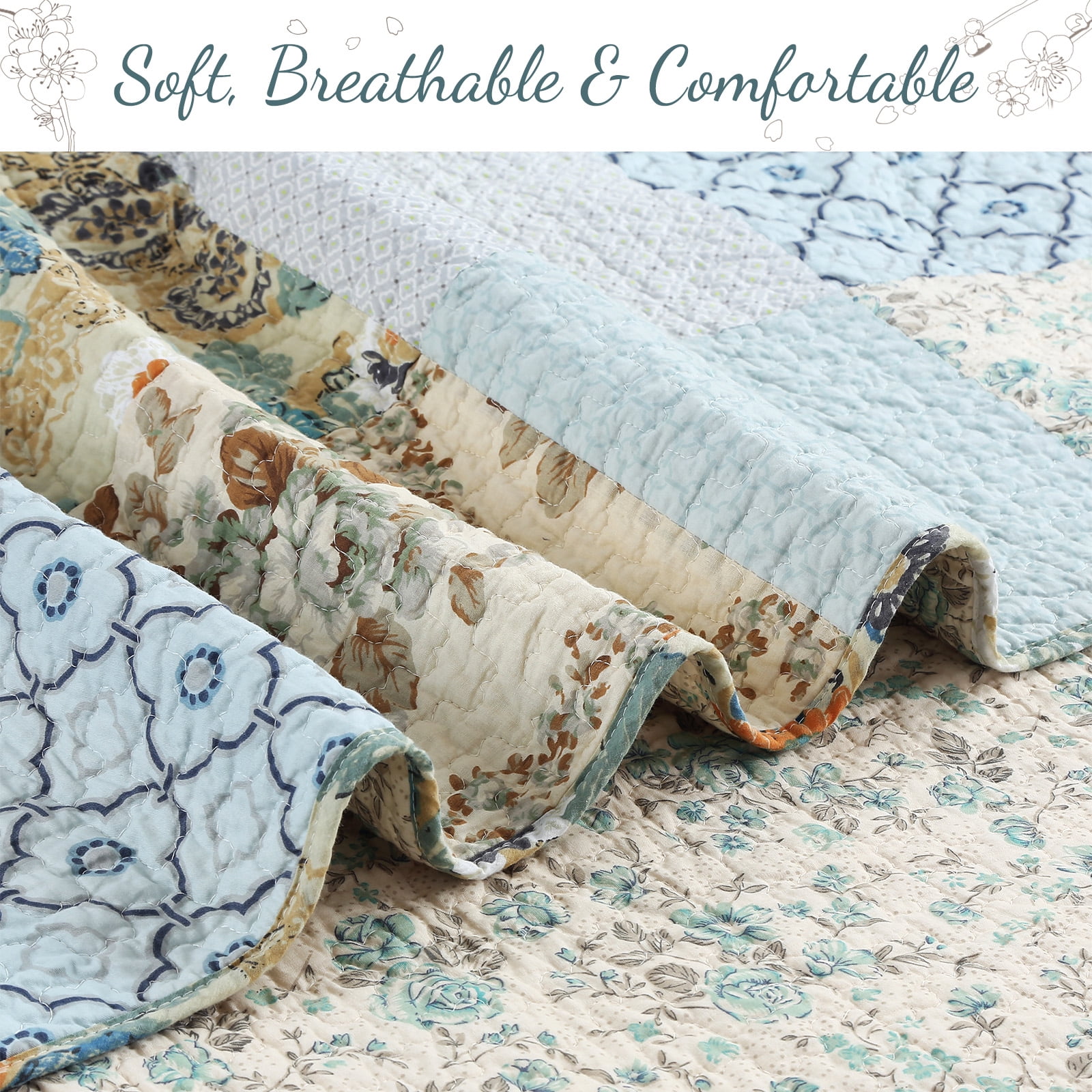 Sky Blue Floral Patens Ogee Patchwork Cotton King 3 Piece Quilt Bedding Set