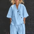 thumbnail image 6 of mihongmao Luau Outfits for Women Holiday Party Sets Women's Summer and Linen Set Casual V-neck Top+wide Leg Pants Set Two-piece Set Light Blue 3X, 6 of 8