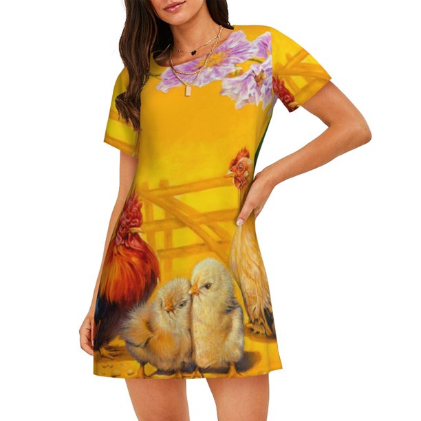 Balery The Chicken Family Camisón de manga corta con cuello redondo para mujer, cómodo y elegante.