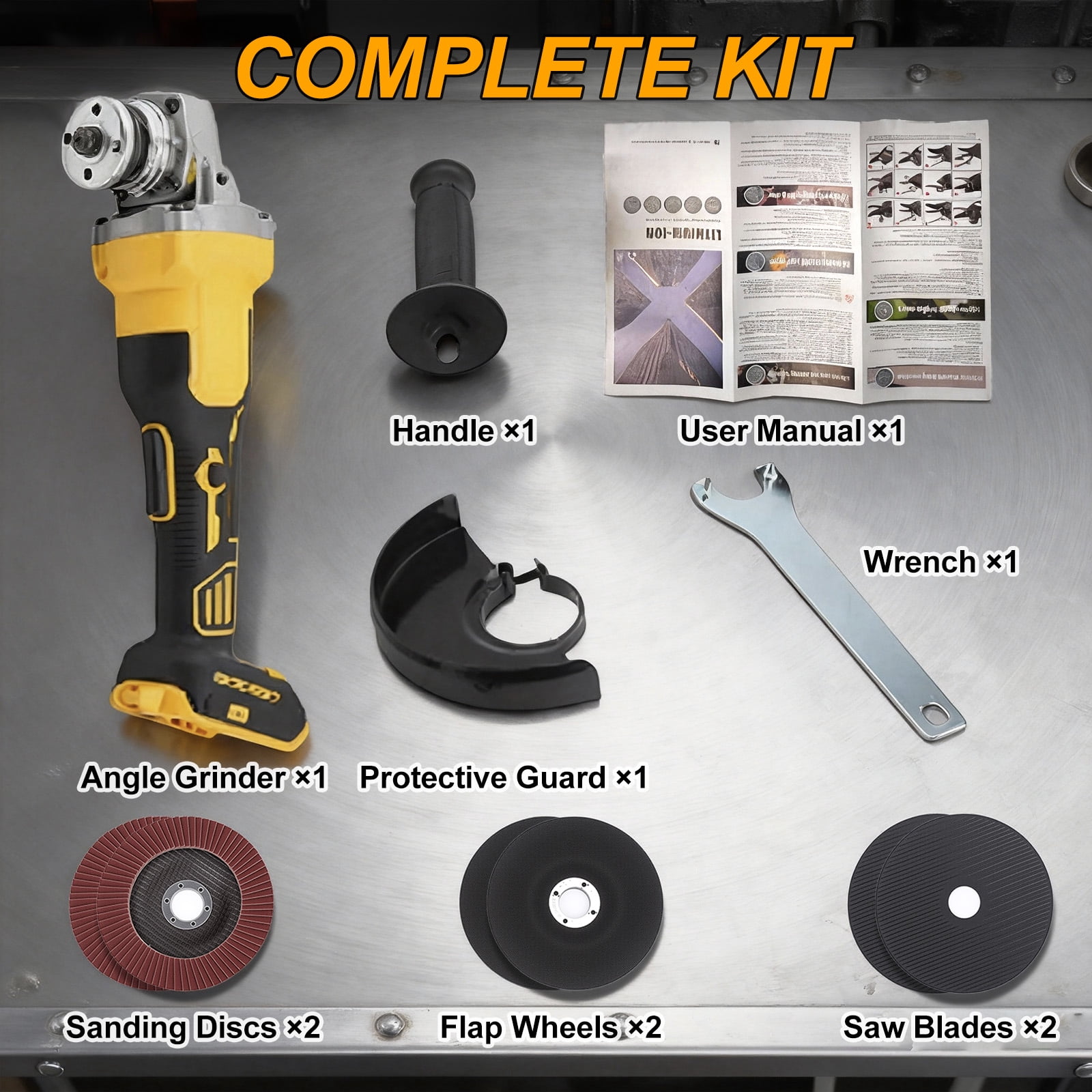 20V Cordless Angle Grinder Tool Brushless, 5 Inch, with Paddle, 2 x Flap Discs, 2 x Sanding Discs, 2 x Sawblades (Tool Only)
