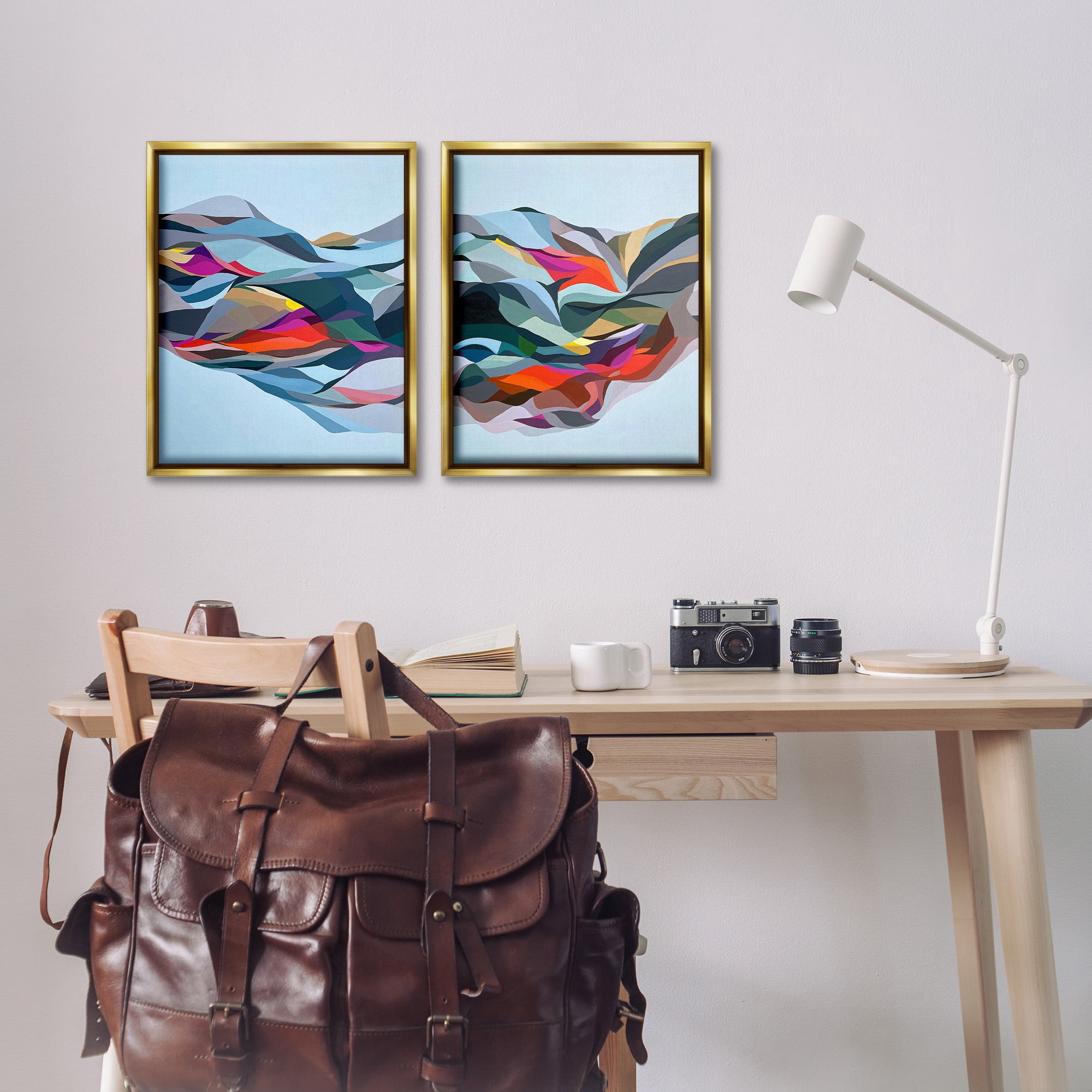 Stupell Industries Patterned Mountain Abstraction Abstract Painting Gold Floater Framed Canvas Art Print Wall Art, 17 x 21, Set of 2