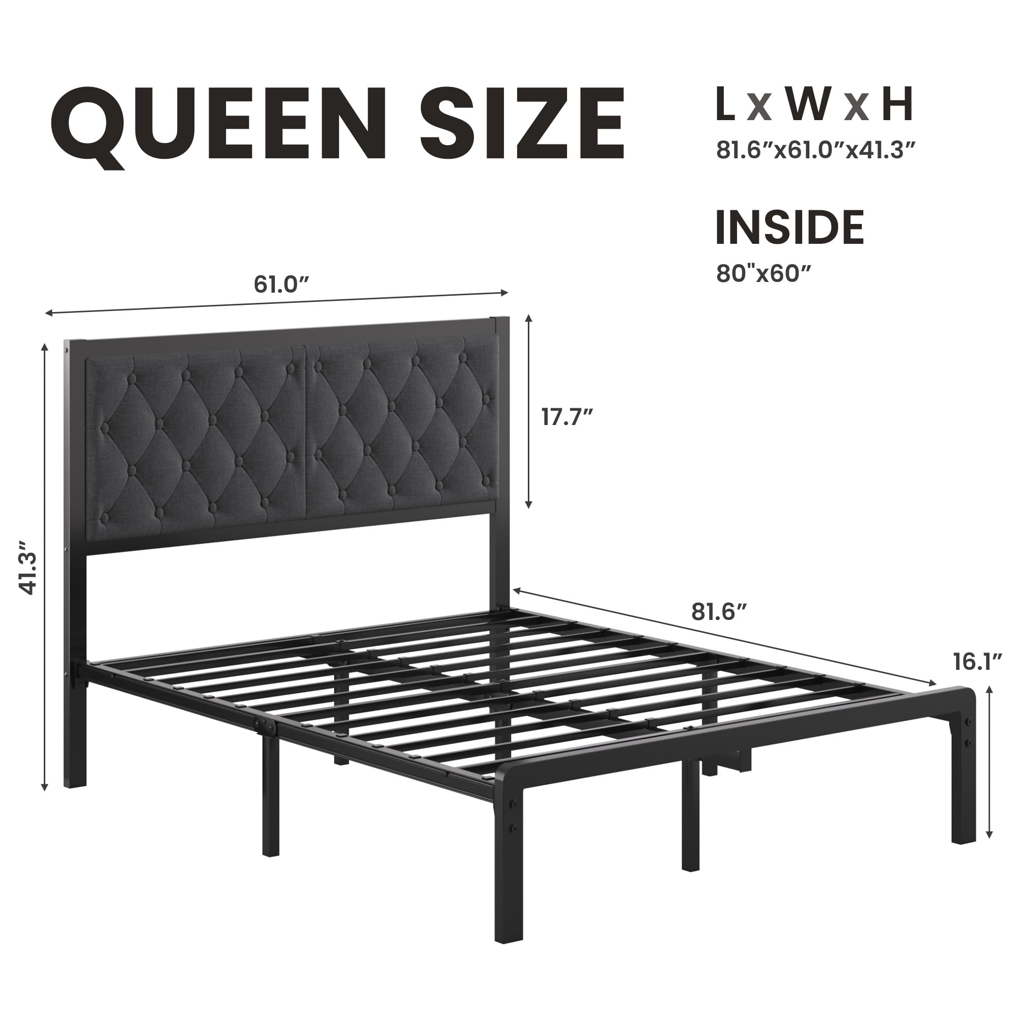 Lifezone Bed Frame with Linen Upholstered Headboard, Queen, Metal Support, No Box Spring Needed, Grey