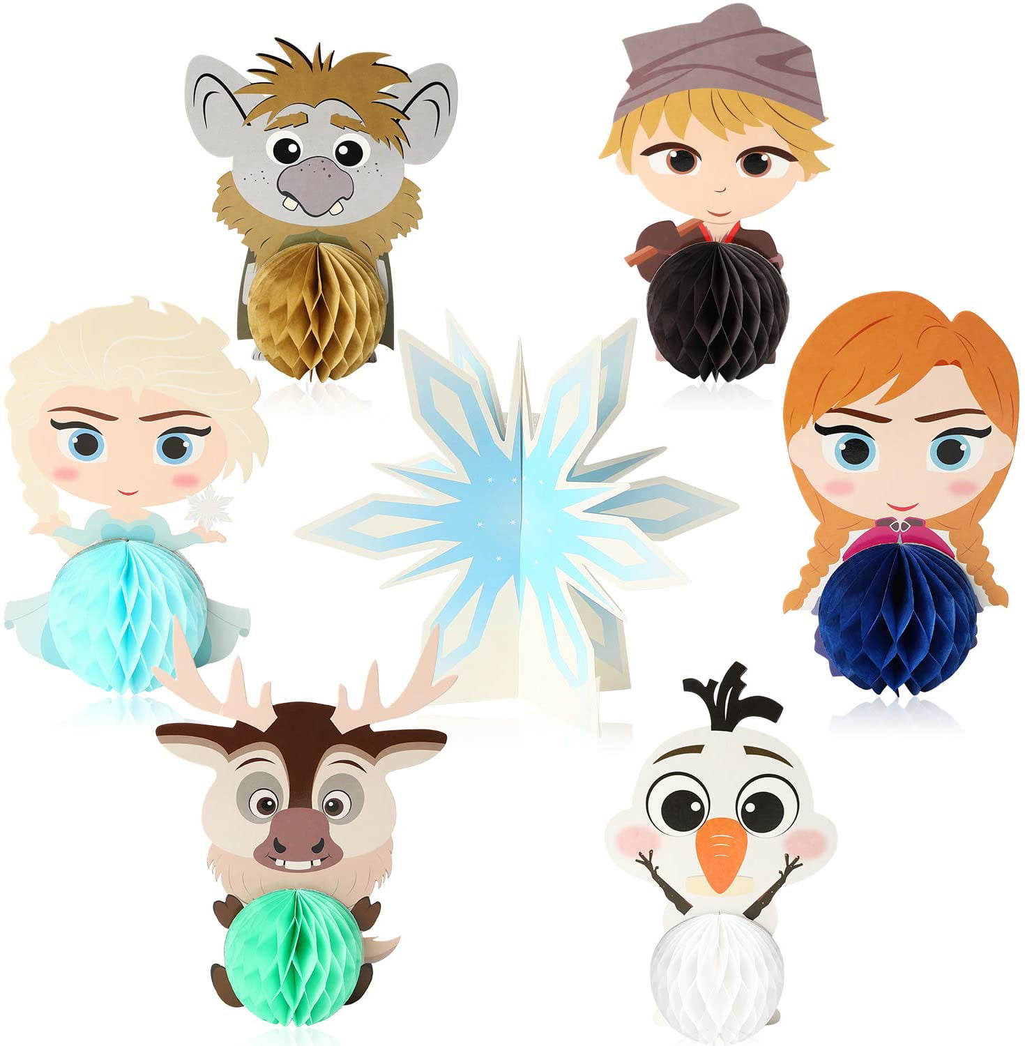 Photo Booth Props Mix of Elsa Double Sided Cake Topper Princess Theme Party Supplies for Kids Anna Ticiaga 7pcs Frozen Honeycomb Centerpieces Olaf Table Topper for Girls Birthday Party Decoration