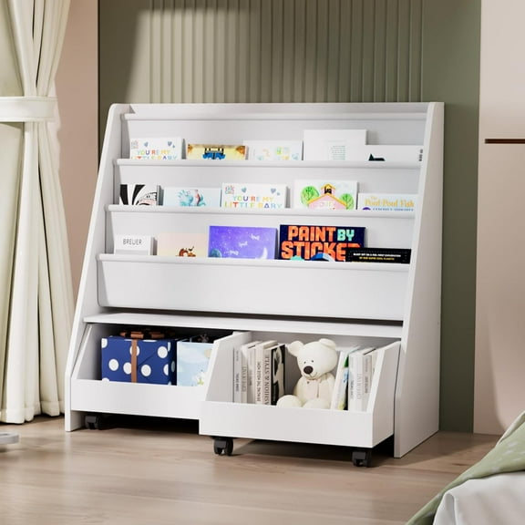 NACHES  Bookshelf，Toddler Bookcase and Toy bin with 2 Drawers and 3 Sling Pockets –Children Bookshelf with Storage for Bedroom, Nursery or Playroom – FSC Wood, Trapezoid, 35" x 15.8" x 34", White