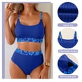 thumbnail image 3 of Eytino High Waisted Textured Bikini Set - Scoop Neck Two Piece Swimsuit with Floral Trim Dark Blue 2XL, 3 of 7