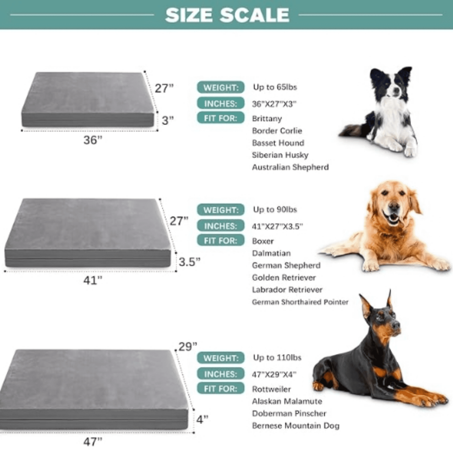 Waterproof XXL Dog Beds Large Sized Dog Outdoor Washable Crate Pad 48 Inch Jumbo XXLarge Orthopedic Foam Pet Bed With Removable Cover Reversible Durable Anti-Slip Kennel Pad 47"X29" Gray