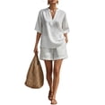 thumbnail image 2 of Lumtrix Womens Linen 2 Piece Sets V-Neck Shirt And Shorts Linen Cotton Two-Piece Set Dressy Casual Loose Fit Travel Matching Outfits White L, 2 of 5
