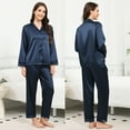 thumbnail image 4 of Luxury Women's Silk Satin Pajama Set - Long Sleeve Lace Trim Lapel Sleepwear Nightwear Loungewear, Navy Blue, L, 4 of 10