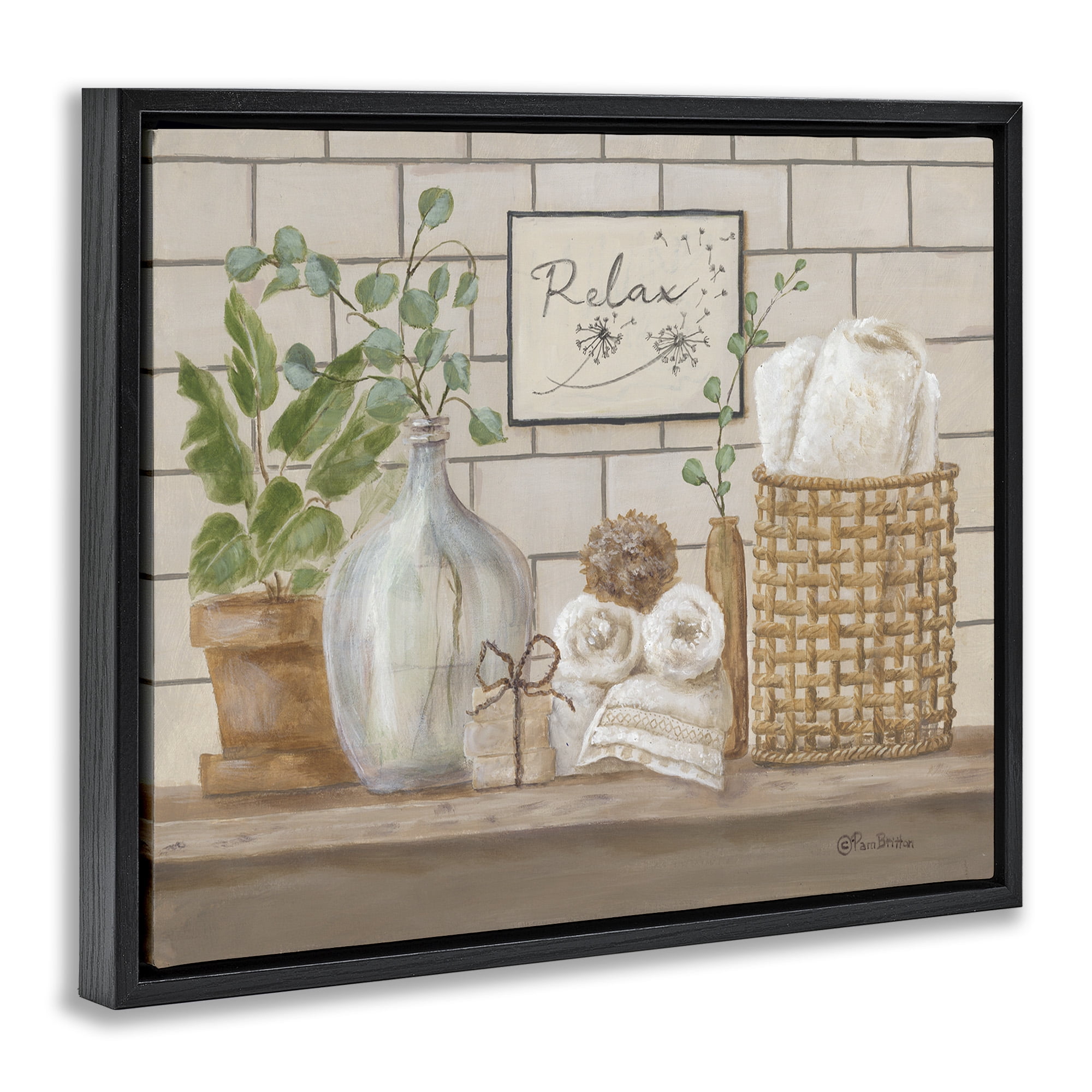 Stupell Industries Uplifting Bathroom Spa Relax Scene Painting Jet Black Floating Framed Canvas Print Wall Art, Design by Pam Britton