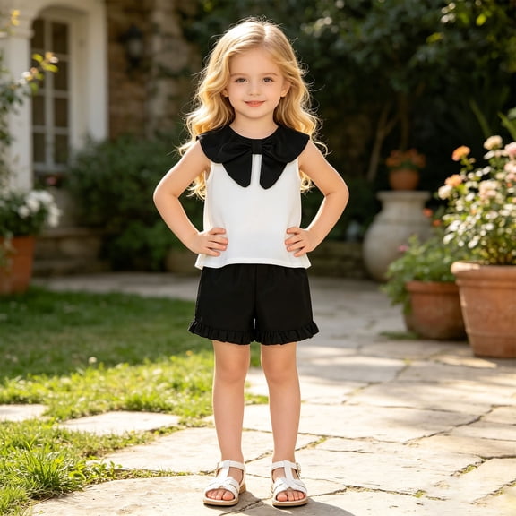 Toddler Girls Sleeveless Solid Bowknot Tops T Shirt Vest Ruffles Shorts Outfits Baby Girl