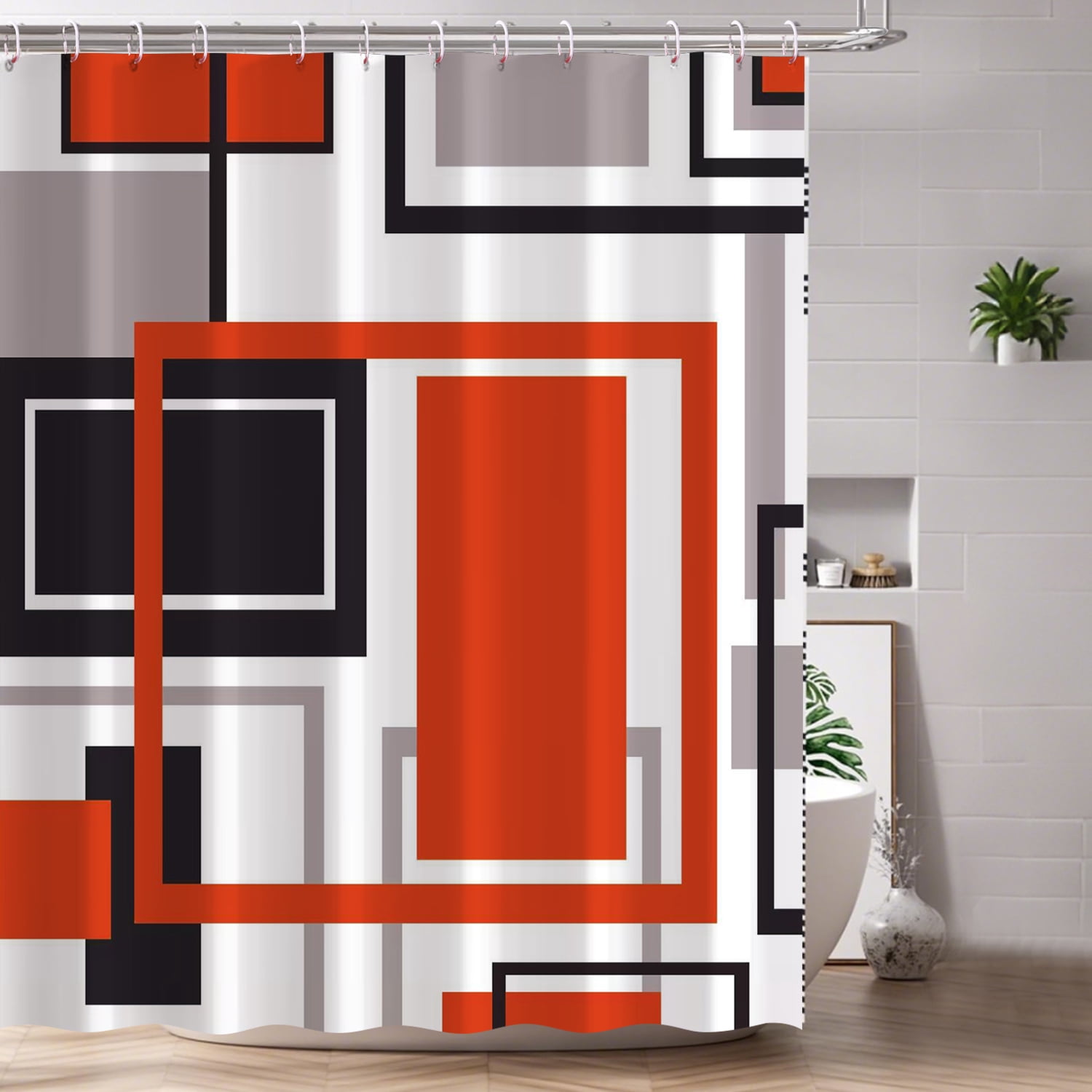Vorfor Orange Geometric Shower Curtain Sets with Rugs, 16 Pc Modern Abstract Bathroom Sets, Waterproof Fabric Bathroom Curtain Decor with Hooks