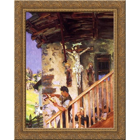 Ornate Crucifix - A Tyrolese Crucifix 24x20 Gold Ornate Wood Framed Canvas Art by John Singer Sargent