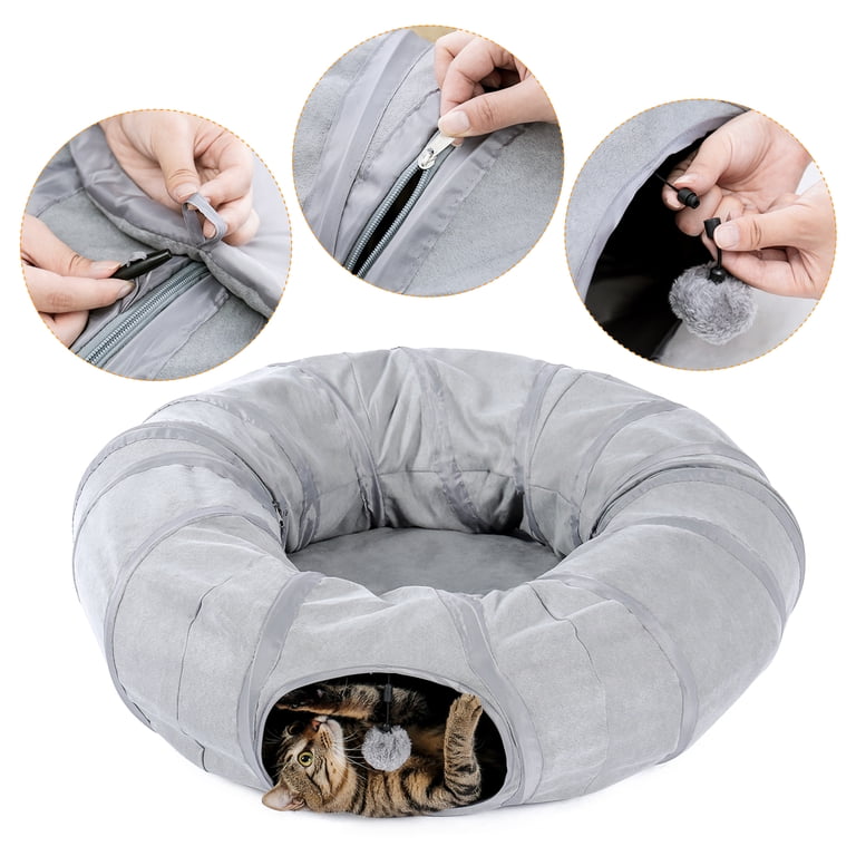 PAWZ Road Cat Tunnel – 38-Inch Donut Bed With Soft Mat, Peek Holes & Hanging Balls – Fun Interactive Toy For Indoor Cats & Rabbits (Red)