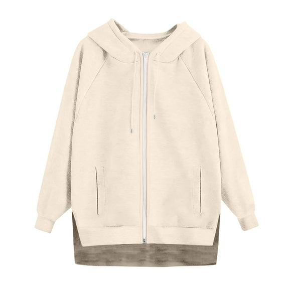 Women's Casual Solid Color Zip Up Hoodie, Raglan Sleeve Pullover with Pockets, Comfortable Oversized Streetwear Sweatshirt, Soft Long Sleeve Hooded Top for Women, Trendy Jacket for Daily Wear Beige